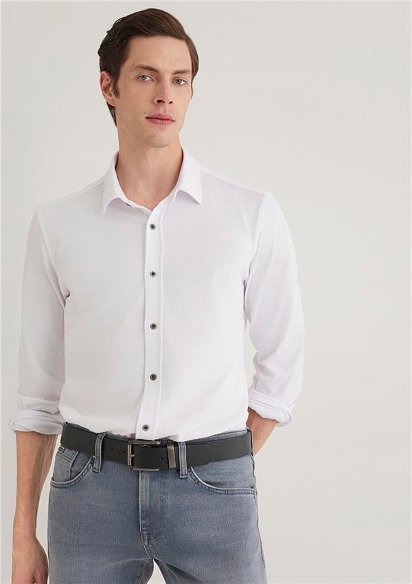 Mavi 021638-620 13 Beyaz Fitted Uzun Kollu Erkek Örme Gömlek