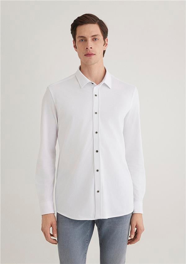 Mavi 021638-620 13 Beyaz Fitted Uzun Kollu Erkek Örme Gömlek