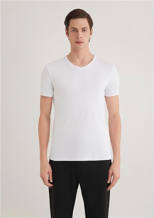 Mavi 063748-620 Erkek Beyaz V Yaka T-Shirt
