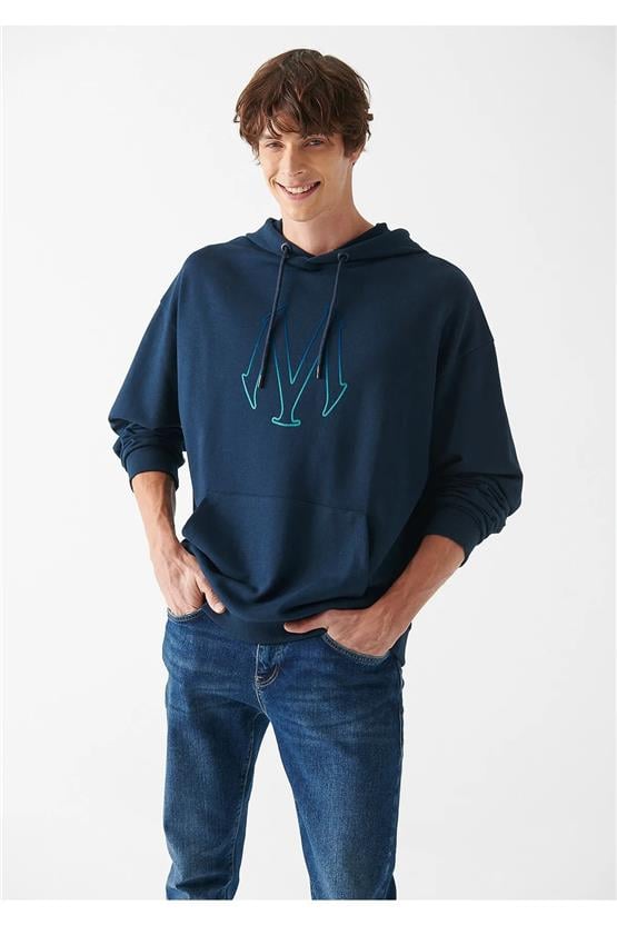 Mavi M0611024-34319 Gece Lacivert Erkek Mavi Logo Baskılı Kapuşonlu Sweatshirt