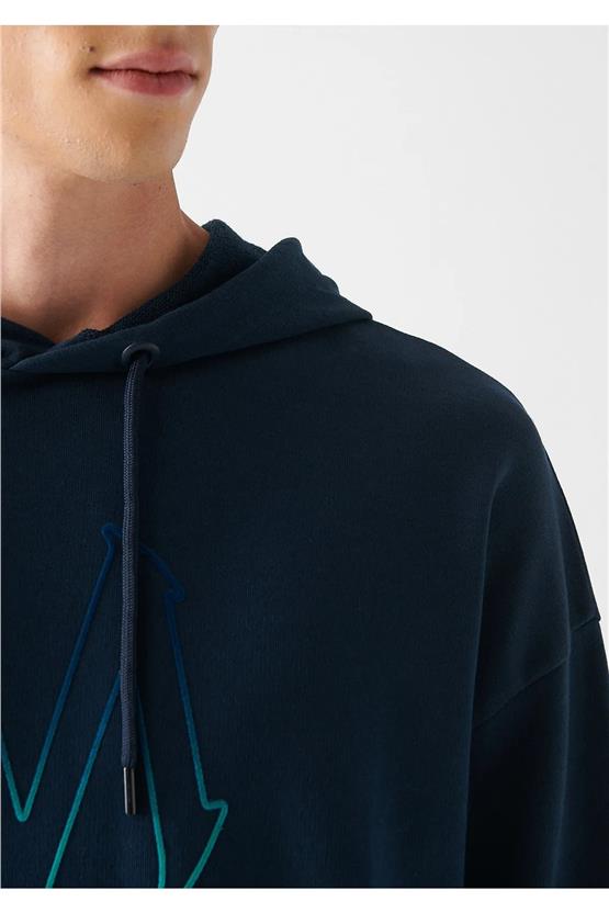 Mavi M0611024-34319 Gece Lacivert Erkek Mavi Logo Baskılı Kapuşonlu Sweatshirt
