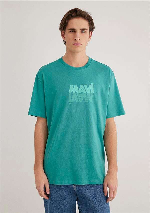 Mavı M0611311-71824 Turkuaz Erkek Loose Mavı Logo Baskılı T-Shırt