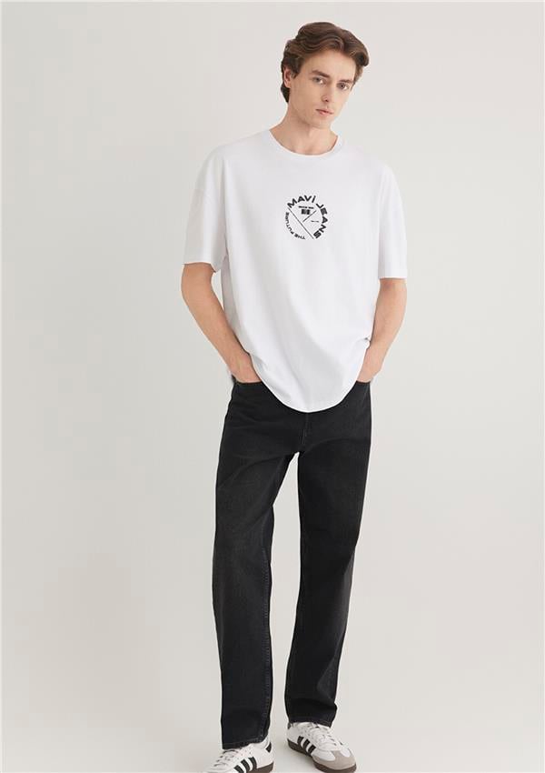 Mavı M0611719-620 Beyaz Erkek Oversıze Mavı Jeans Baskılı T-Shırt