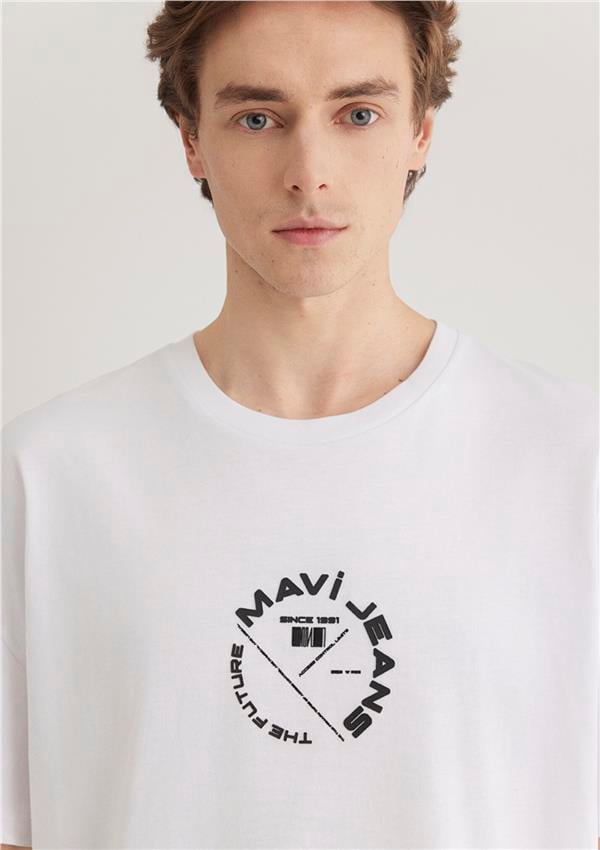 Mavı M0611719-620 Beyaz Erkek Oversıze Mavı Jeans Baskılı T-Shırt