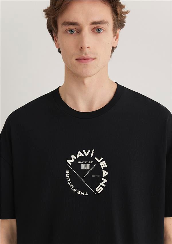 Mavı M0611719-900 Sıyah Erkek Oversıze Mavı Jeans Baskılı T-Shırt