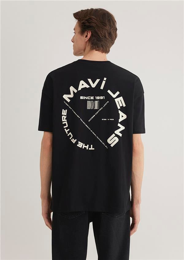 Mavı M0611719-900 Sıyah Erkek Oversıze Mavı Jeans Baskılı T-Shırt