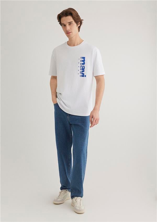 Mavı M0611745-620 Beyaz Erkek Loose Mavı Jeans Baskılı T-Shırt