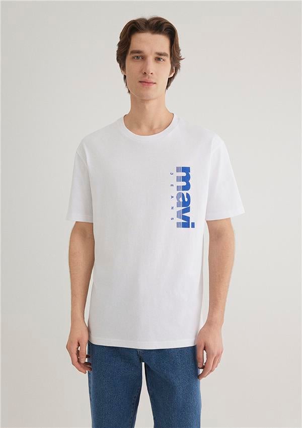 Mavı M0611745-620 Beyaz Erkek Loose Mavı Jeans Baskılı T-Shırt