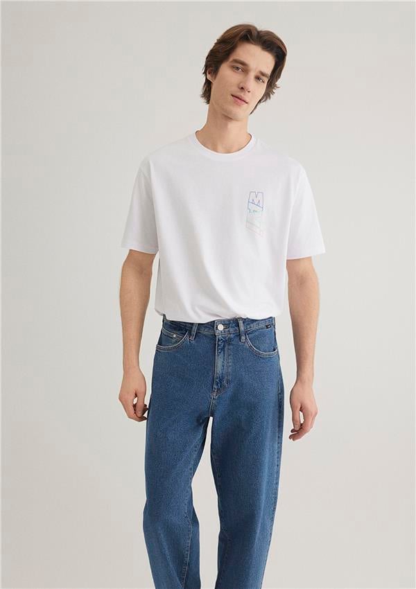 Mavı M0612350-620 Beyaz Erkek Loose Mavı Baskılı T-Shırt