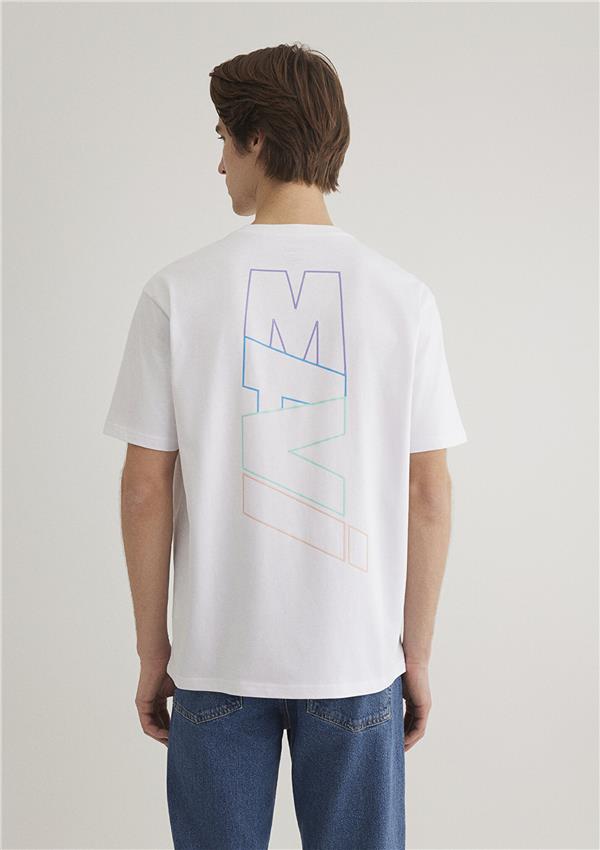 Mavı M0612350-620 Beyaz Erkek Loose Mavı Baskılı T-Shırt