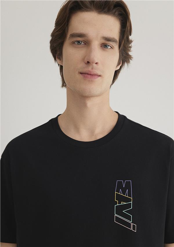 Mavı M0612350-900 Sıyah Erkek Loose Mavı Baskılı T-Shırt