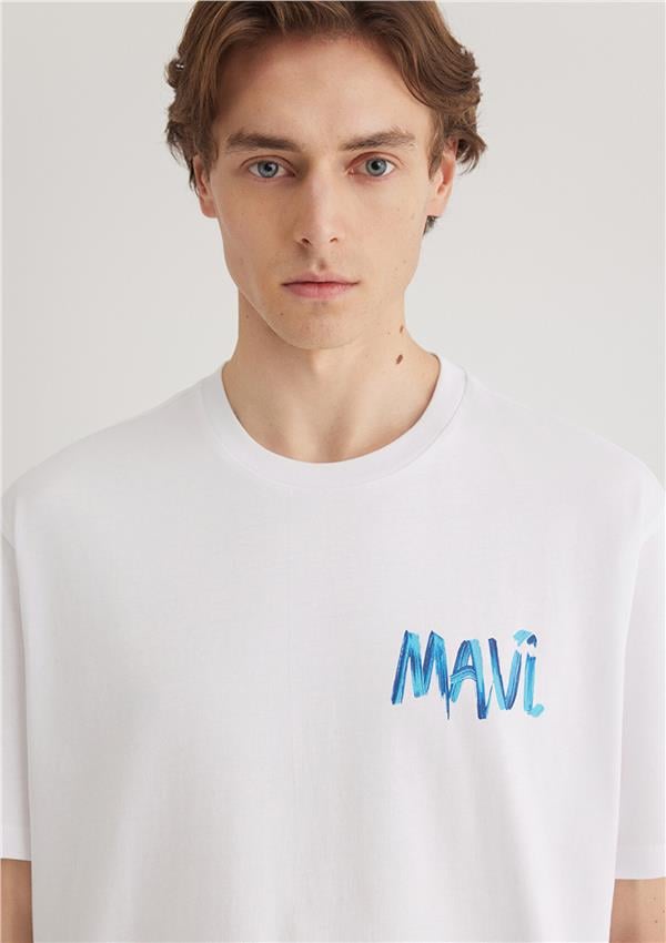 Mavı M0612468-620 Beyaz Erkek Loose Mavı Baskılı T-Shırt