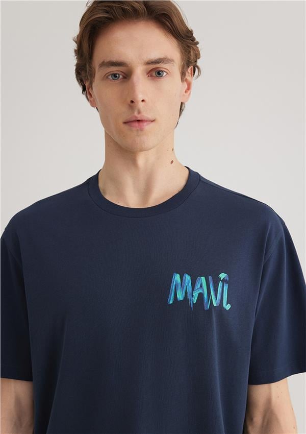Mavı M0612468-70490 Gece Lacıvert Erkek Loose Mavı Baskılı T-Shırt