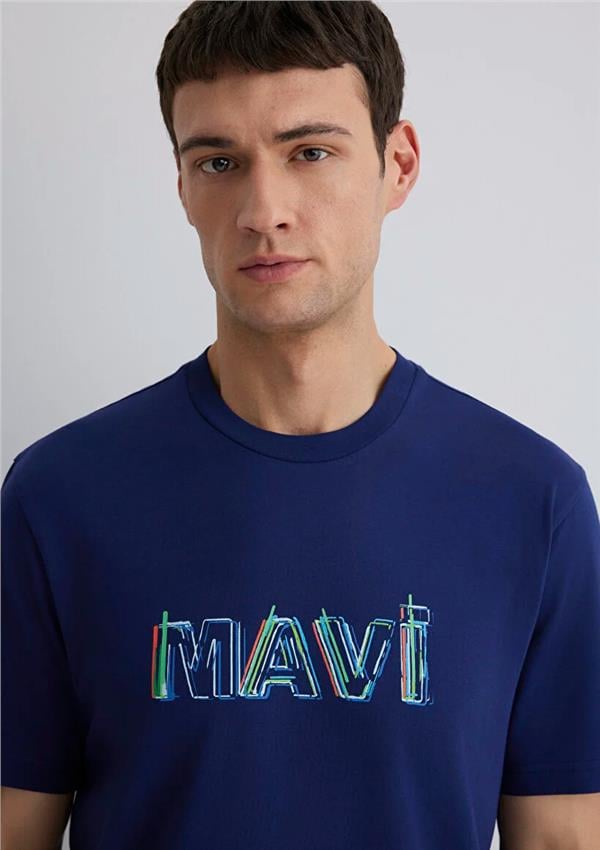 Mavı M0612587-70496 Koyu Derın Lacıvert Erkek Regular Mavı Logo Baskılı T-Shırt