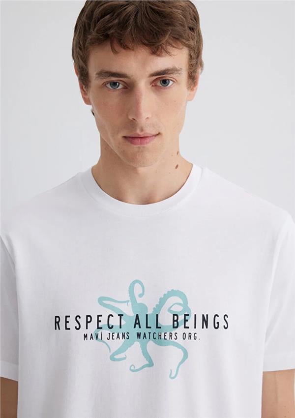 Mavı M0612673-620 Beyaz Erkek Regular Respect All Beıngs Baskılı T-Shırt