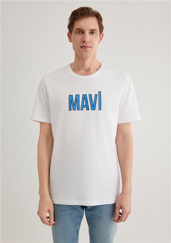Mavı M066842-620 Beyaz Erkek Regular Mavı Logo Baskılı T-Shırt