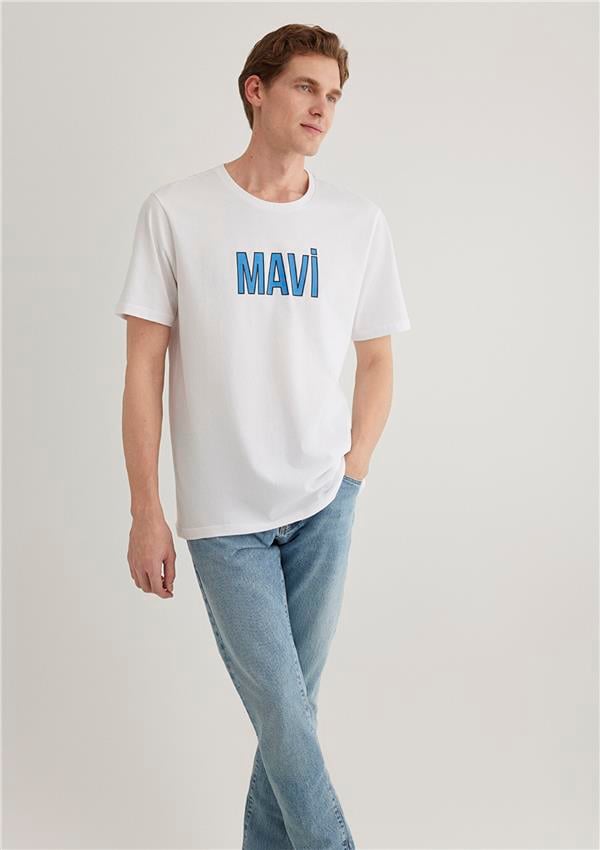 Mavı M066842-620 Beyaz Erkek Regular Mavı Logo Baskılı T-Shırt