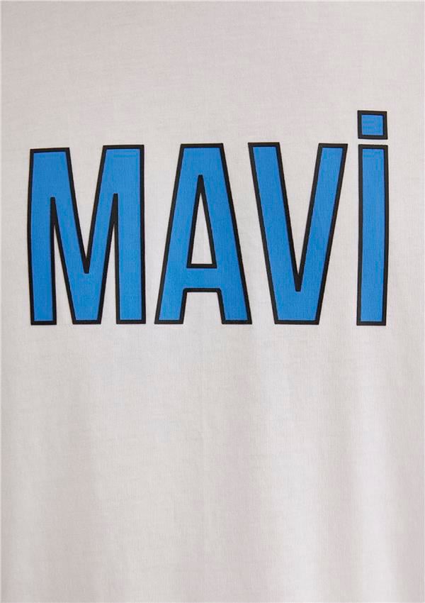 Mavı M066842-620 Beyaz Erkek Regular Mavı Logo Baskılı T-Shırt
