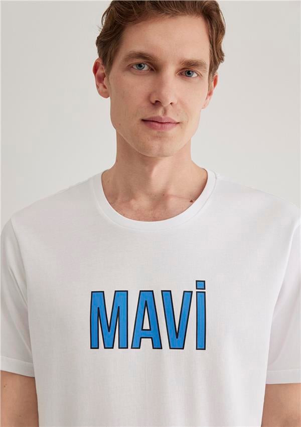 Mavı M066842-620 Beyaz Erkek Regular Mavı Logo Baskılı T-Shırt
