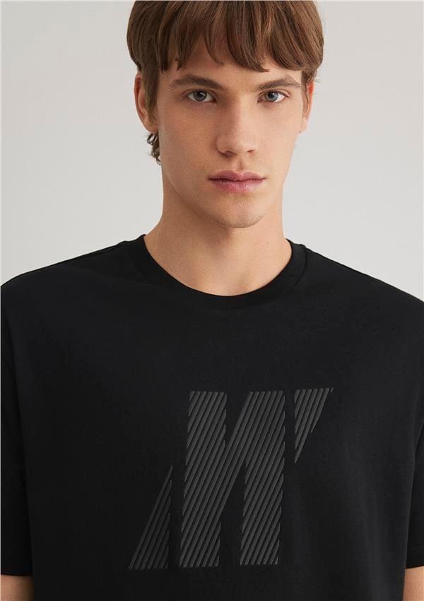 Mavi M067034-900 Siyah Erkek Loose Logo Baskılı T-Shirt
