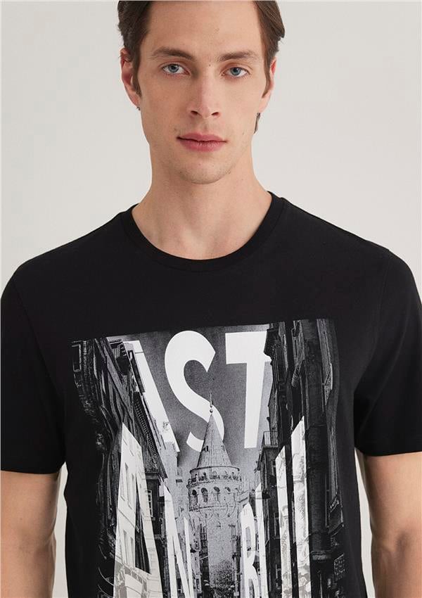 Mavi M067053-900 Siyah Erkek Regular Galata İstanbul Baskılı T-Shirt