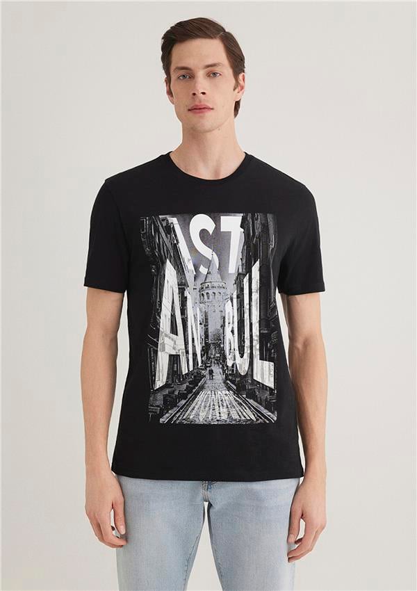 Mavi M067053-900 Siyah Erkek Regular Galata İstanbul Baskılı T-Shirt