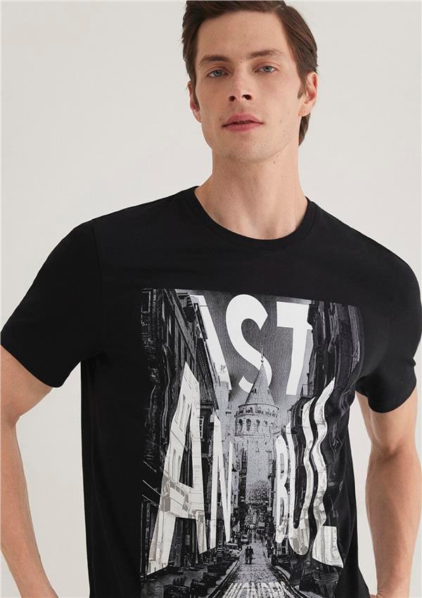 Mavi M067053-900 Siyah Erkek Regular Galata İstanbul Baskılı T-Shirt