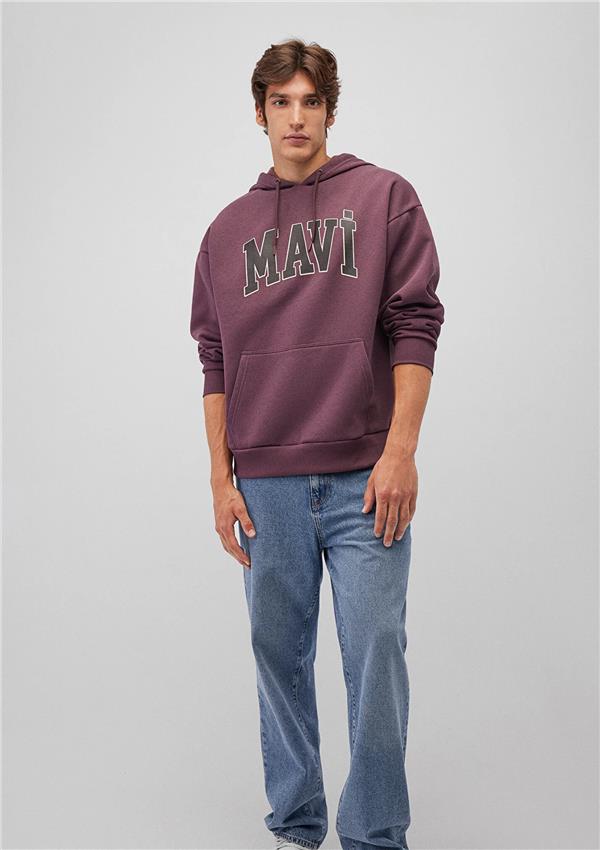 Mavı M067149-70260 Huckleberry Erkek Oversıze Kapusonlu Mavı Logo Baskılı Sweatshırt