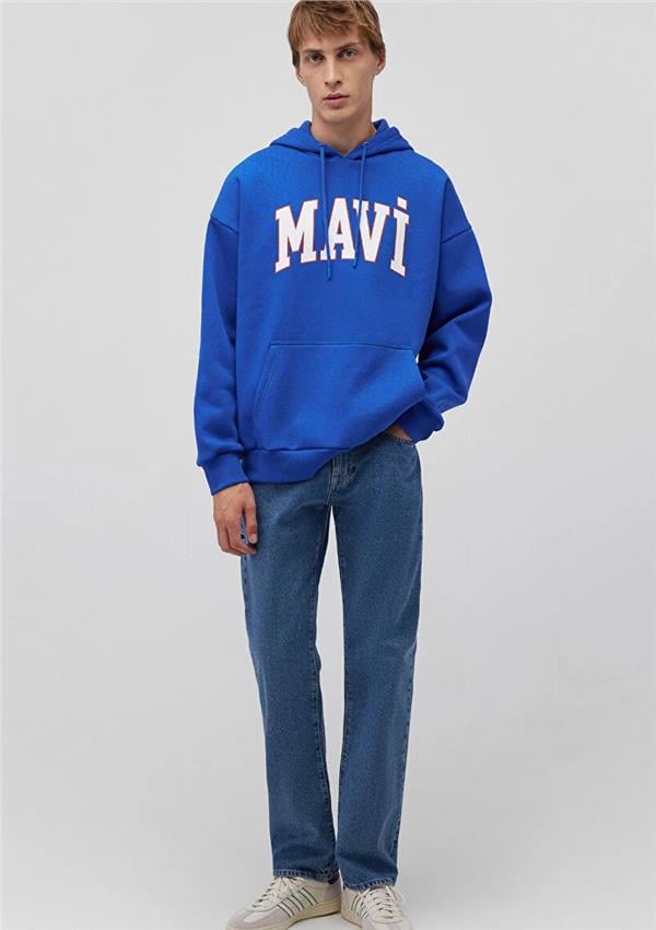 Mavı M067149-70896 Saks Mavı Erkek Oversıze Kapusonlu Mavı Logo Baskılı Sweatshırt