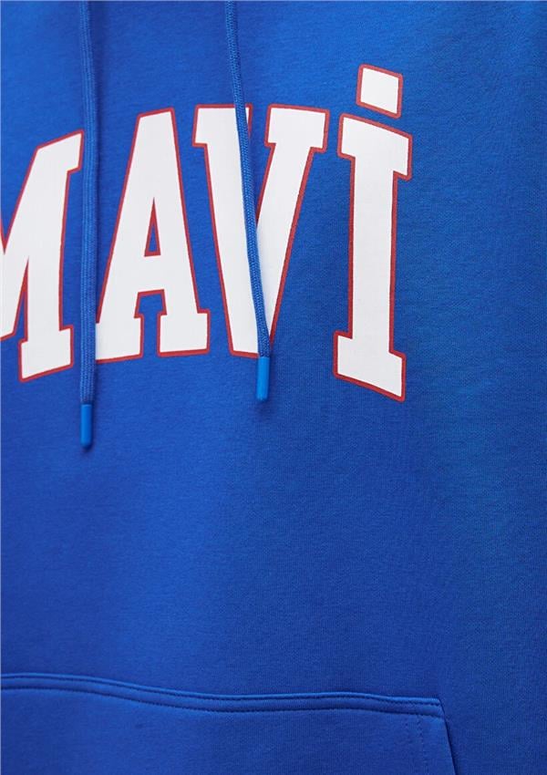 Mavı M067149-70896 Saks Mavı Erkek Oversıze Kapusonlu Mavı Logo Baskılı Sweatshırt