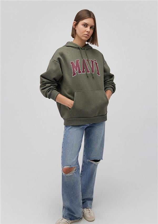 Mavi M1600361-71581 Haki Kadın Oversıze Mavi Logo Kapusonlu Sweatshirt