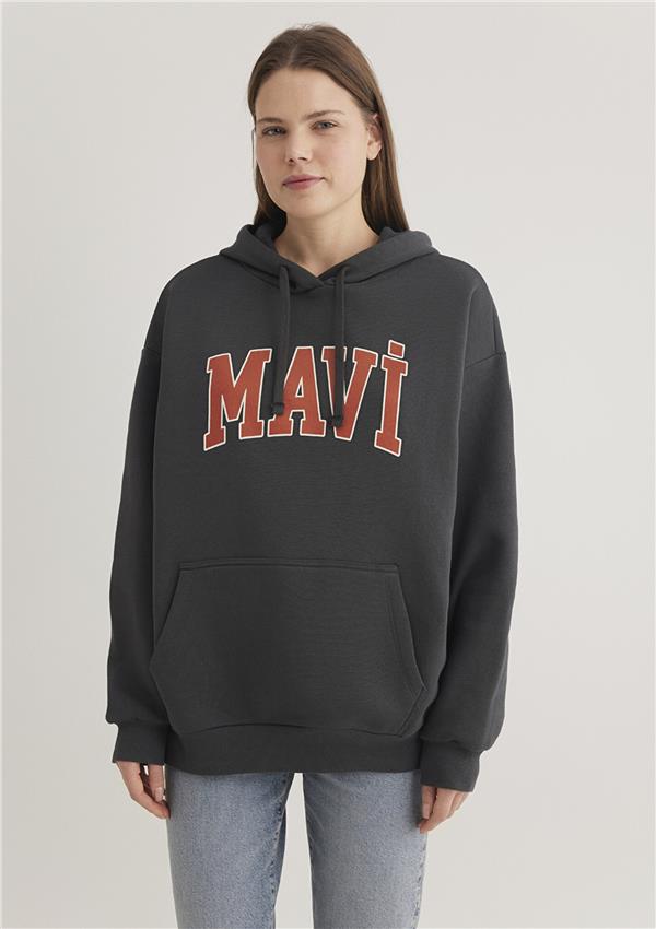Mavi M1600361-80106 Antrasit Kadın Oversize Kapuşonlu Logo Sweatshirt