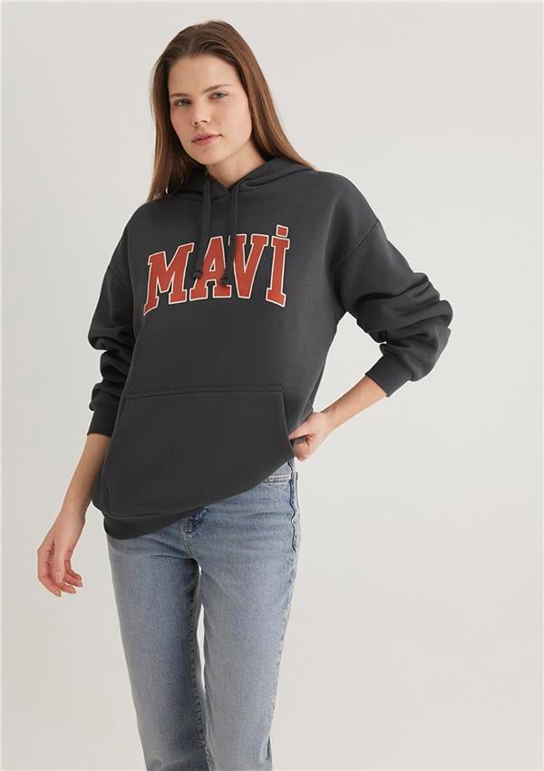 Mavi M1600361-80106 Antrasit Kadın Oversize Kapuşonlu Logo Sweatshirt