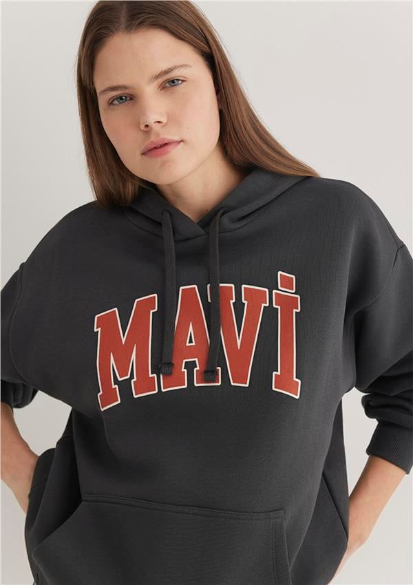 Mavi M1600361-80106 Antrasit Kadın Oversize Kapuşonlu Logo Sweatshirt
