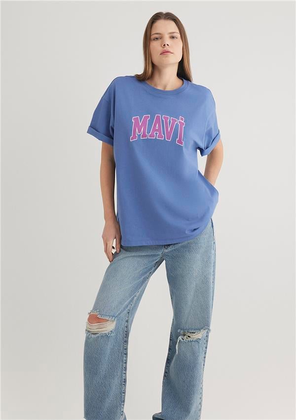 Mavi M1600843-70662 Bleached Denım Kadın Oversıze Mavi Baskılı T-shirt
