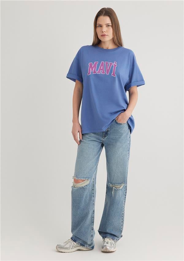 Mavi M1600843-70662 Bleached Denım Kadın Oversıze Mavi Baskılı T-shirt