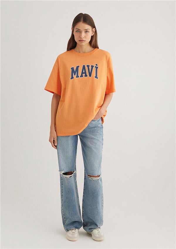Mavı M1600843-71407 Mock Orange Kadın Oversıze Mavı Baskılı T-Shırt