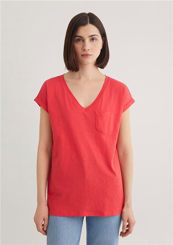 Mavi M1600961-71083 Nar Çiceği Kadın Loose V Yaka Basic T-Shirt