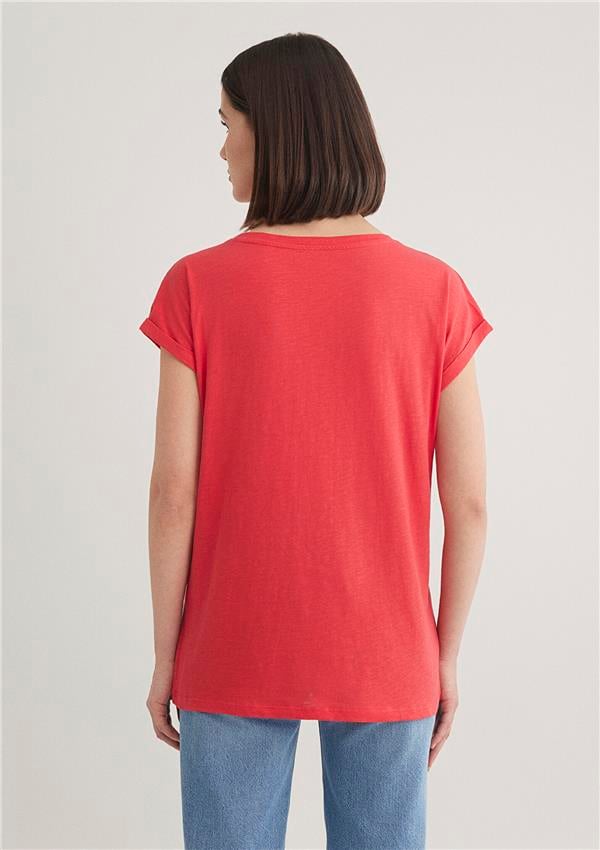 Mavi M1600961-71083 Nar Çiceği Kadın Loose V Yaka Basic T-Shirt