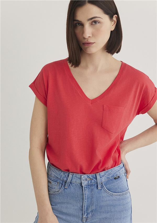 Mavi M1600961-71083 Nar Çiceği Kadın Loose V Yaka Basic T-Shirt