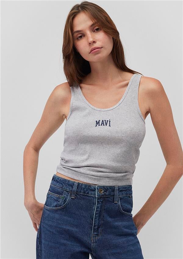 Mavi M1611899-83096 Gri Melanj Kadın Semi Slim Mavi Logo Atlet T-Shirt