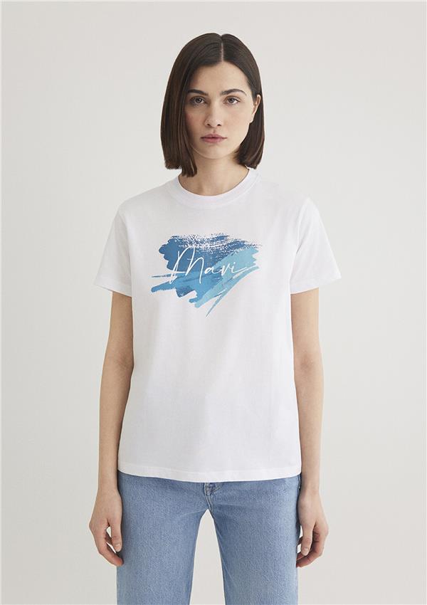 Mavi M1612240-620 Beyaz Kadın Regular Mavi Baskılı T-Shirt