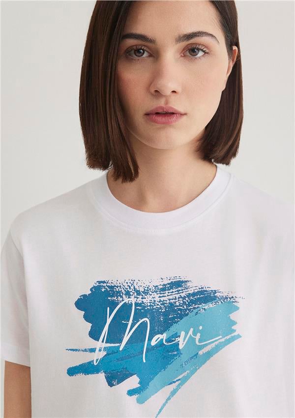 Mavi M1612240-620 Beyaz Kadın Regular Mavi Baskılı T-Shirt