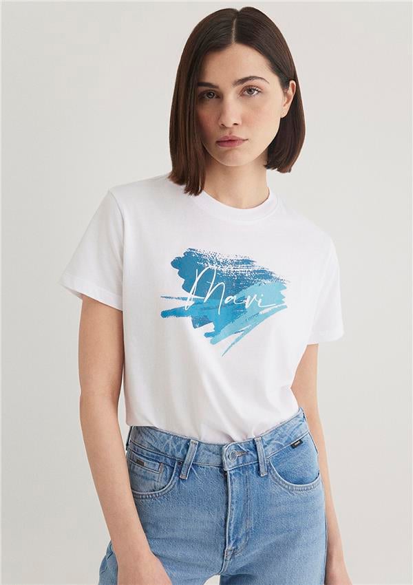 Mavi M1612240-620 Beyaz Kadın Regular Mavi Baskılı T-Shirt