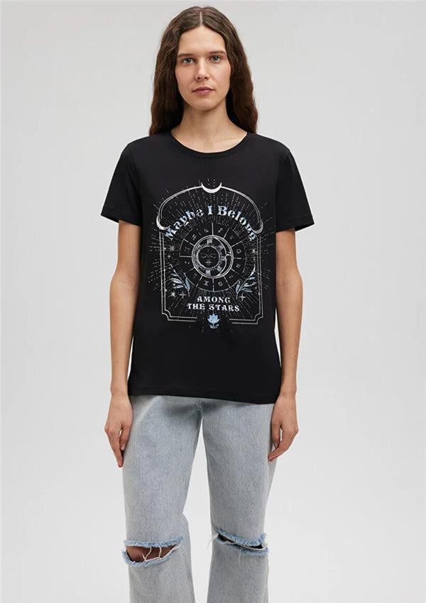 Mavi M1612396-900 Siyah Kadın Semi Slim Astrolojı Baskılı T-Shirt