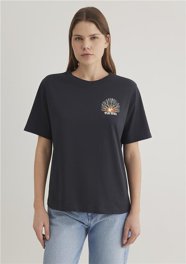 Mavi M1612949-70087002 Kömür Kadın Astroloji Baskılı Grafik T-Shirt