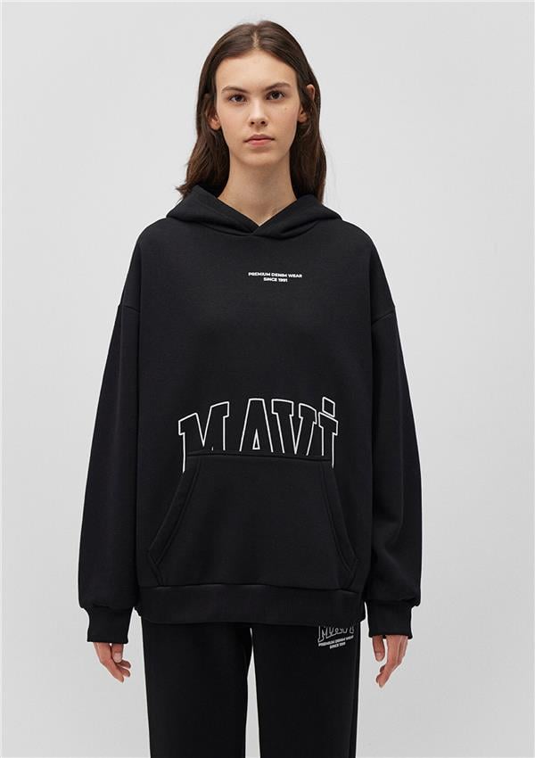 Mavi M1S10149-900 Siyah Kadın Oversıze Kapusonlu Logo Sweatshirt