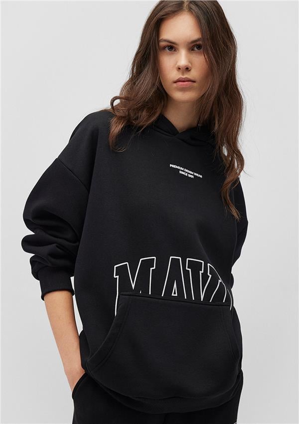 Mavi M1S10149-900 Siyah Kadın Oversıze Kapusonlu Logo Sweatshirt
