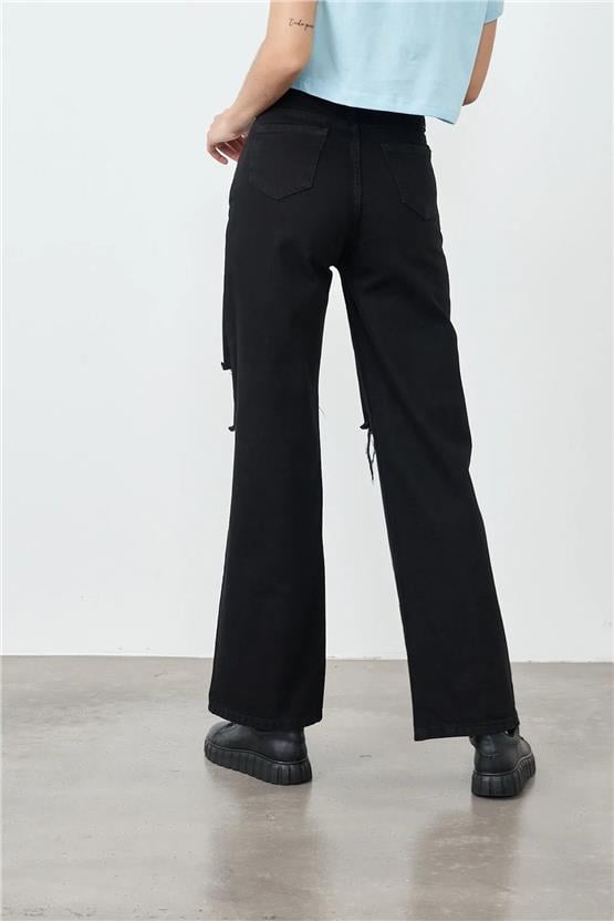 Blue Turtle 1001-1 Siyah Kadın Yırtık Palazzo Bol Paça Pantolon Denim