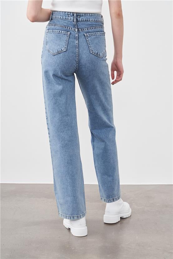 Blue Turtle  1001 Ara Mavi Kadın Düz Palazzo Bol Paça Pantolon Denim